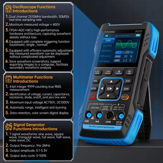FNIRSI 2C23T AC DC 1000V 10A T-RMS Multimeter Oscilloscope