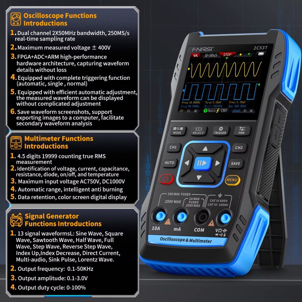 FULL TECHNICAL REVIEW FNIRSI 2C23T 2C53T Upgrade 50MHz Handheld Digital Oscilloscope Multimeter Signal Generator 3 in 1 Dual Channel Automotive Tools 5 Reviews FNIRSI 2C23T 2C53T
